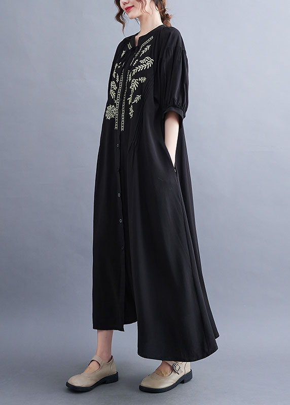 Stylish Black Wrinkled Embroideried Button Shirt Dresses Short Sleeve