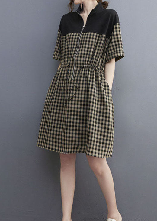 Stylish Black Zip Up Plaid drawstring Dresses Short Sleeve