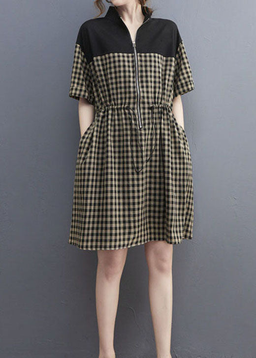 Stylish Black Zip Up Plaid drawstring Dresses Short Sleeve