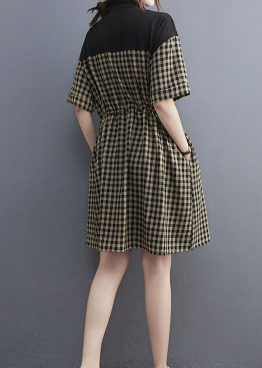 Stylish Black Zip Up Plaid drawstring Dresses Short Sleeve