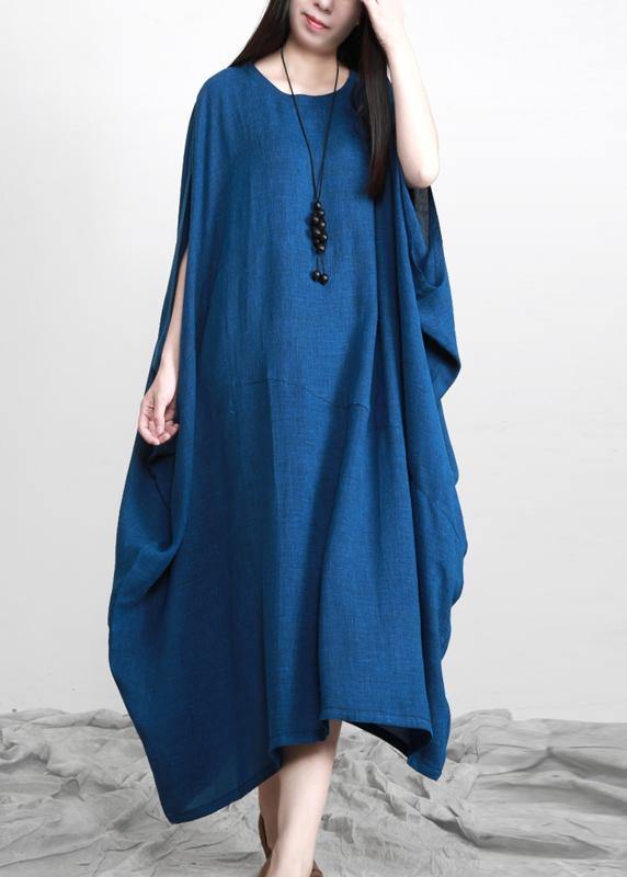 Stylish Blue Batwing Sleeve O Neck Linen Dresses - bagstylebliss