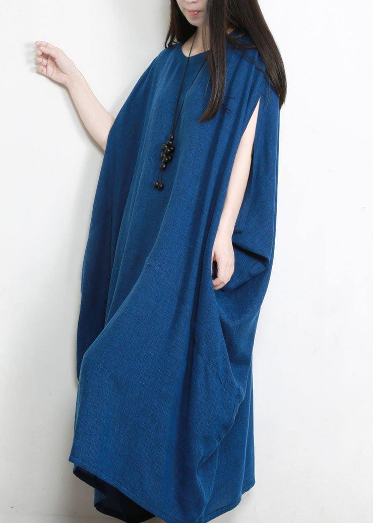 Stylish Blue Batwing Sleeve O Neck Linen Dresses - bagstylebliss