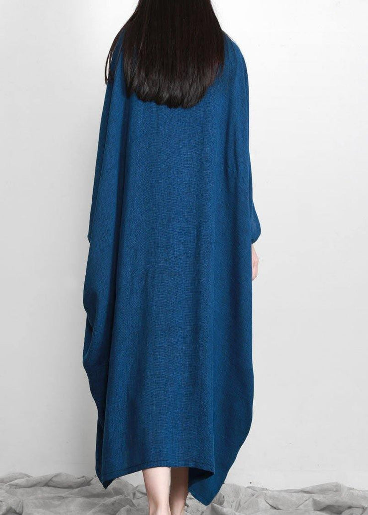 Stylish Blue Batwing Sleeve O Neck Linen Dresses - bagstylebliss