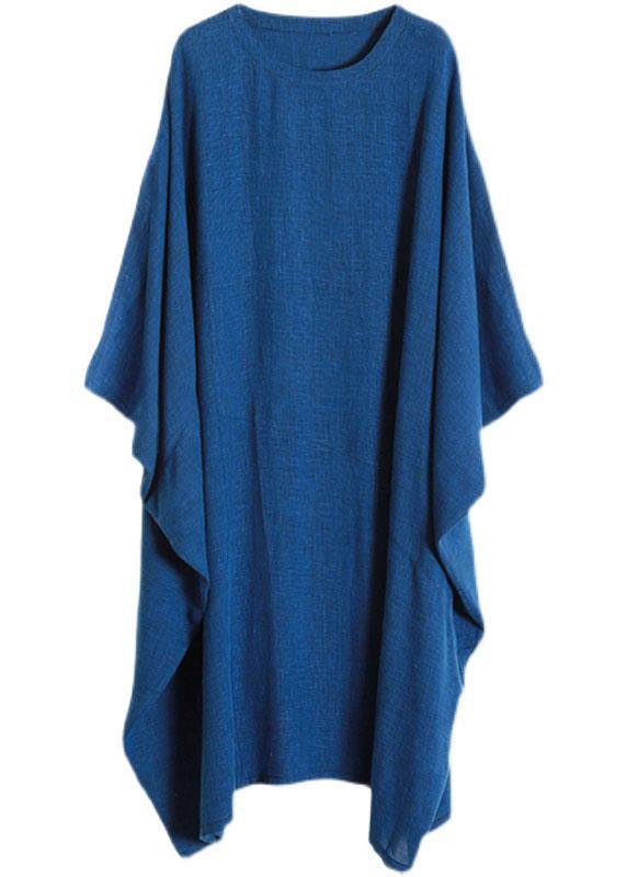 Stylish Blue Batwing Sleeve O Neck Linen Dresses - bagstylebliss