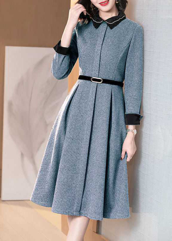 Stylish Blue Embroideried Nail bead zippered Tie Waist  Winter Long sleeve Dresses