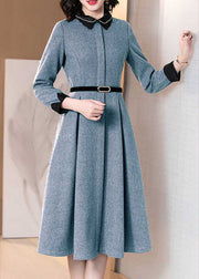 Stylish Blue Embroideried Nail bead zippered Tie Waist  Winter Long sleeve Dresses