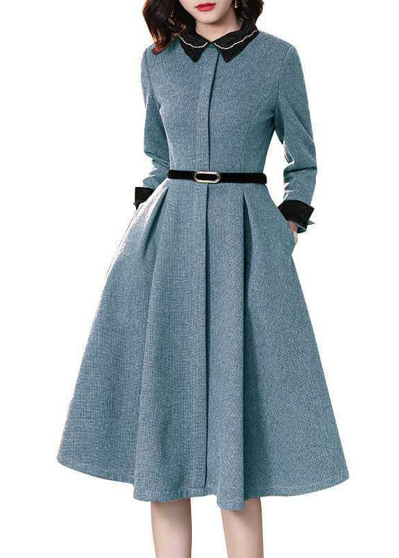 Stylish Blue Embroideried Nail bead zippered Tie Waist  Winter Long sleeve Dresses