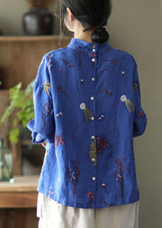 Stylish Blue Embroideried retro Linen Blouse Tops Spring