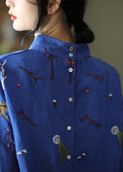 Stylish Blue Embroidered retro Linen Blouse Tops Spring