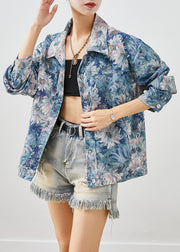 Stylish Blue Floral Painting Cotton Coat Outwear Fall