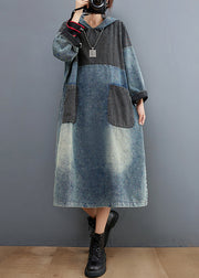 Stylish Blue Hooded Patchwork Pockets Sweatshirt Dress Fall