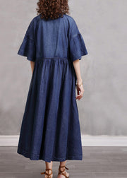 Stylish Blue O-Neck Cinched Embroideried Cotton denim Dresses Butterfly Sleeve