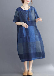 Stylish Blue O Neck Plaid Maxi Dresses Cotton Linen Summer - bagstylebliss