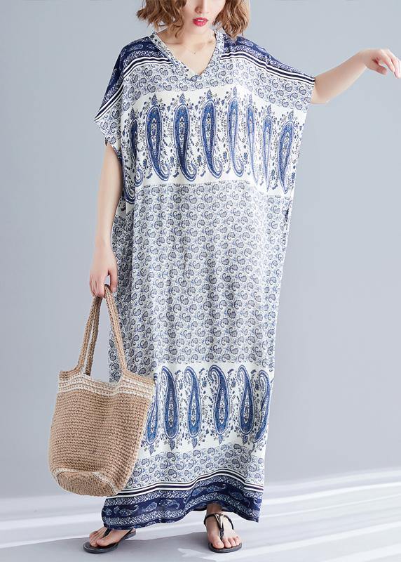 Stylish Blue Print Cotton V Neck Summer Dress - bagstylebliss