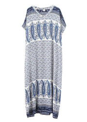 Stylish Blue Print Cotton V Neck Summer Dress - bagstylebliss