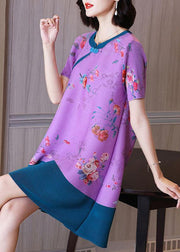 Elegant Purple Floral Oriental Mini Dress Summer Outfits - bagstylebliss