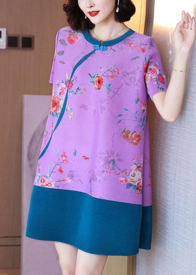Elegant Purple Floral Oriental Mini Dress Summer Outfits - bagstylebliss