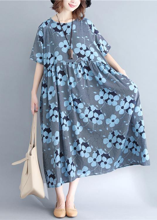 Stylish Blue Print Short Sleeve Summer Cotton Dress - bagstylebliss
