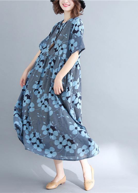 Stylish Blue Print Short Sleeve Summer Cotton Dress - bagstylebliss