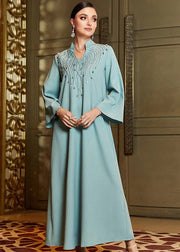 Stylish Blue Stand Zircon Collar Chiffon Long Dress Fall