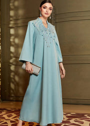 Stylish Blue Stand Zircon Collar Chiffon Long Dress Fall