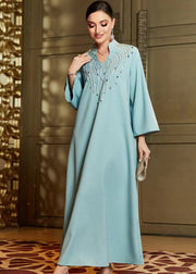 Stylish Blue Stand Zircon Collar Chiffon Long Dress Fall