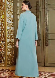 Stylish Blue Stand Zircon Collar Chiffon Long Dress Fall