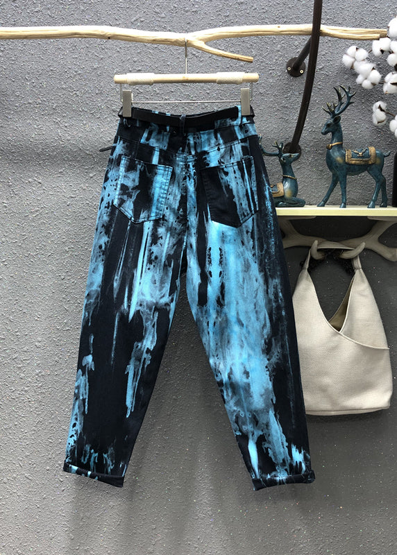 Stylish Blue Tie Dye Pockets Patchwork Denim Pants Fall