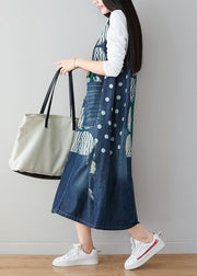 Stylish Blue V Neck Dot Print Denim Dress Sleeveless