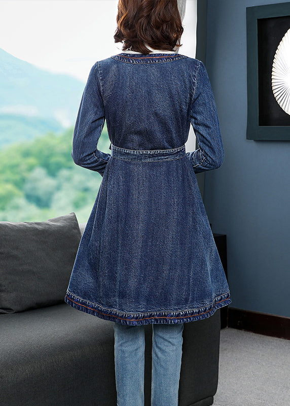 Stylish Blue V Neck Embroideried Tie Waist Cotton Denim Trench Coats Long Sleeve