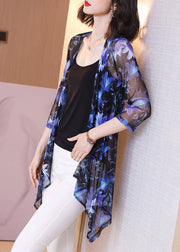 Stylish Blue V Neck Print Silk Sunscre Cardigans Loose Summer