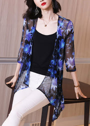 Stylish Blue V Neck Print Silk Sunscre Cardigans Loose Summer