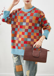 Stylish Brick Red Oversized Plaid Knit Sweater Tops Winter