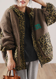 Stylish Brown Hooded Patchwork Leopard Faux Fur Jackets Winter