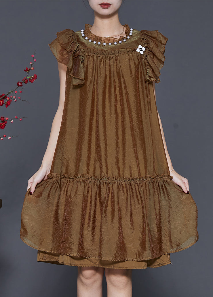 Stylish Brown Nail Bead Ruffled Silk Vacation Dress Summer