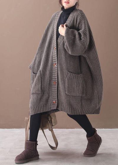 Stylish Chocolate Pockets Button Loose Fall Knitted Coat - bagstylebliss