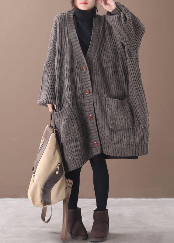 Stylish Chocolate Pockets Button Loose Fall Knitted Coat - bagstylebliss