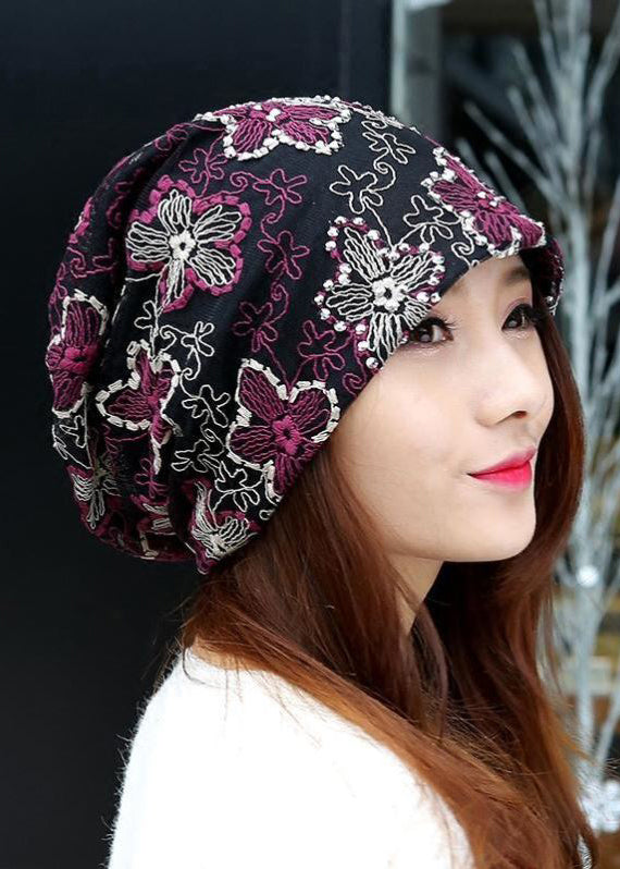 Stylish Coffee Floral Embroidery Zircon Bonnie Hat