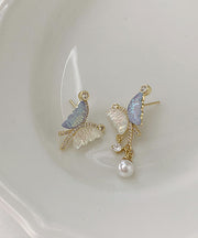 Stylish Colorblock Sterling Silver Alloy Zircon Asymmetric Crystal Pearl Butterfly Drop Earrings