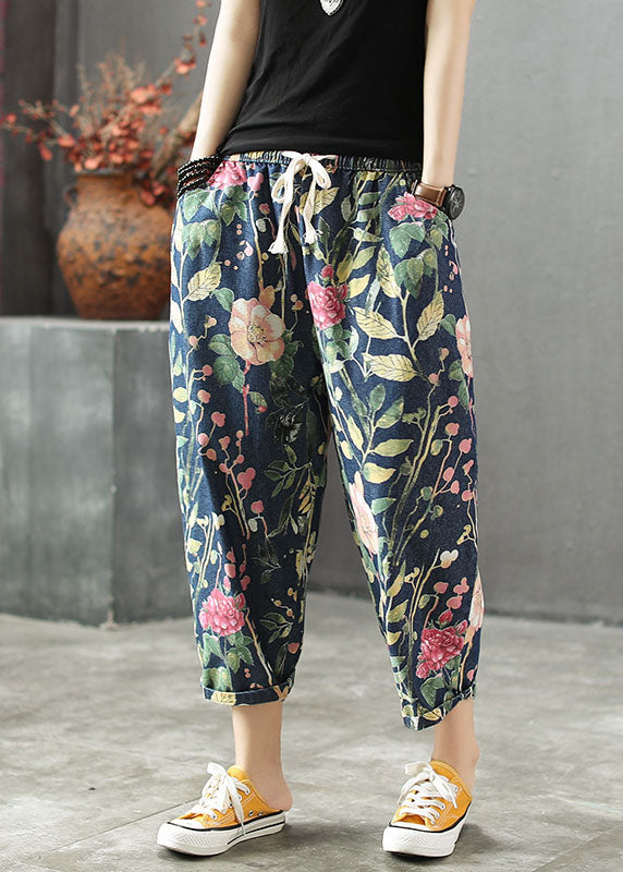 Stylish Drawstring Pockets Print Cotton Denim Pants Summer