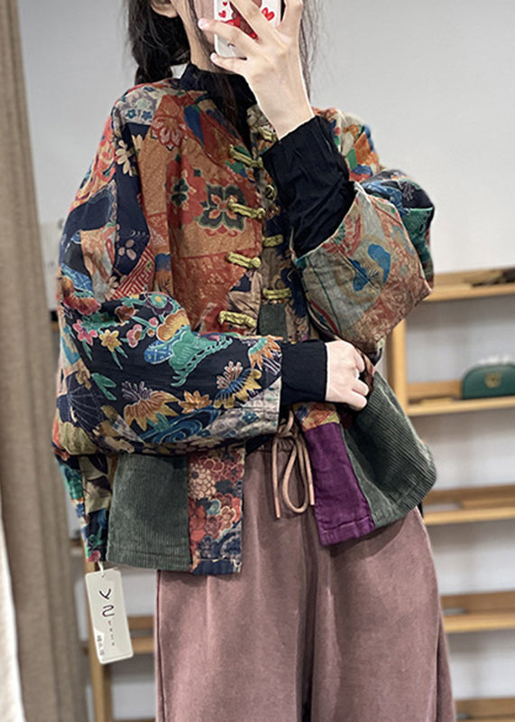 Stylish Floral Colour Stand Collar Pockets Linen Coats Long Sleeve