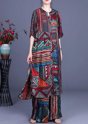 Stylish Geometric PrintSilk long shirts Wide Leg Two Piece Suit Set - bagstylebliss