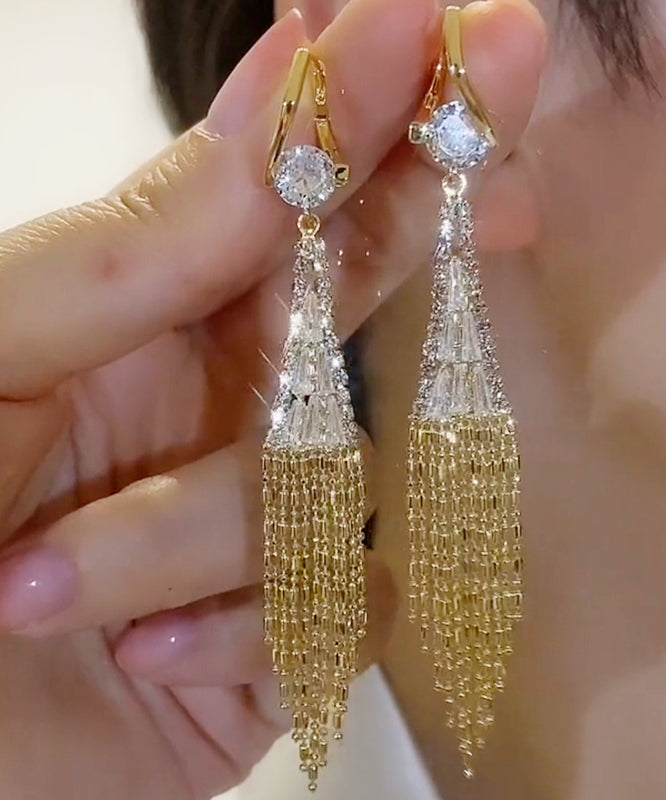 Stylish Gold Overgild Zircon Fan Shaped Chain Tassel Drop Earrings