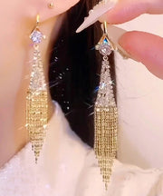 Stylish Gold Overgild Zircon Fan Shaped Chain Tassel Drop Earrings