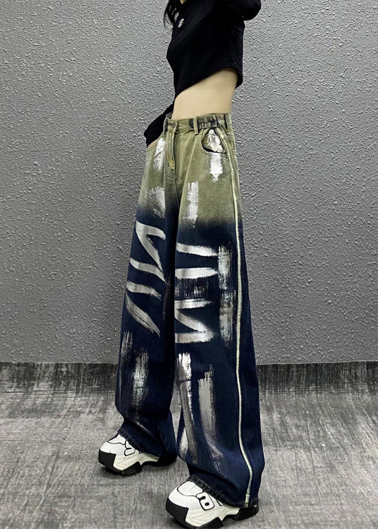 Stylish Gradient Blue Pockets Letter Denim Wide Leg Pants Fall