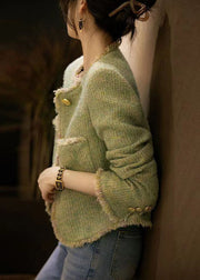 Stylish Green Button Pockets Patchwork Cotton Coats Fall