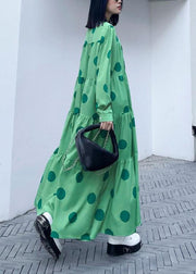 Stylish Green Dot Button Long sleeve Dress Spring - bagstylebliss