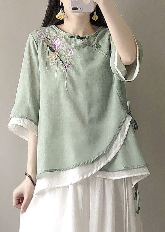 Stylish Green Embroidered Asymmetrical Linen Blouse Top Summer