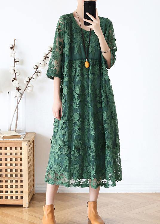 Stylish Green Embroideried Half Sleeve Party Summer Lace Dress - bagstylebliss