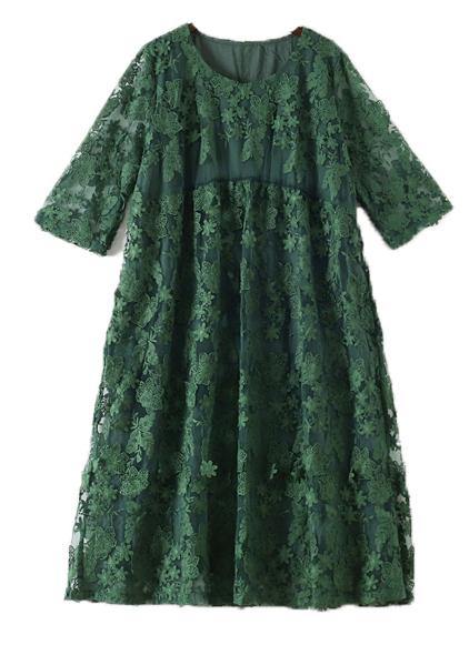 Stylish Green Embroideried Half Sleeve Party Summer Lace Dress - bagstylebliss
